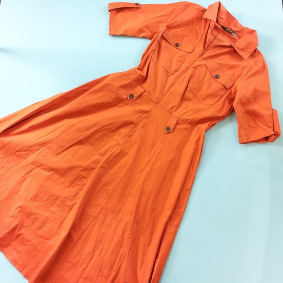 eShatki Orange Short Sleeve Retro Button Pocket Midi Dress Size Large 12 - Picture 1 of 9